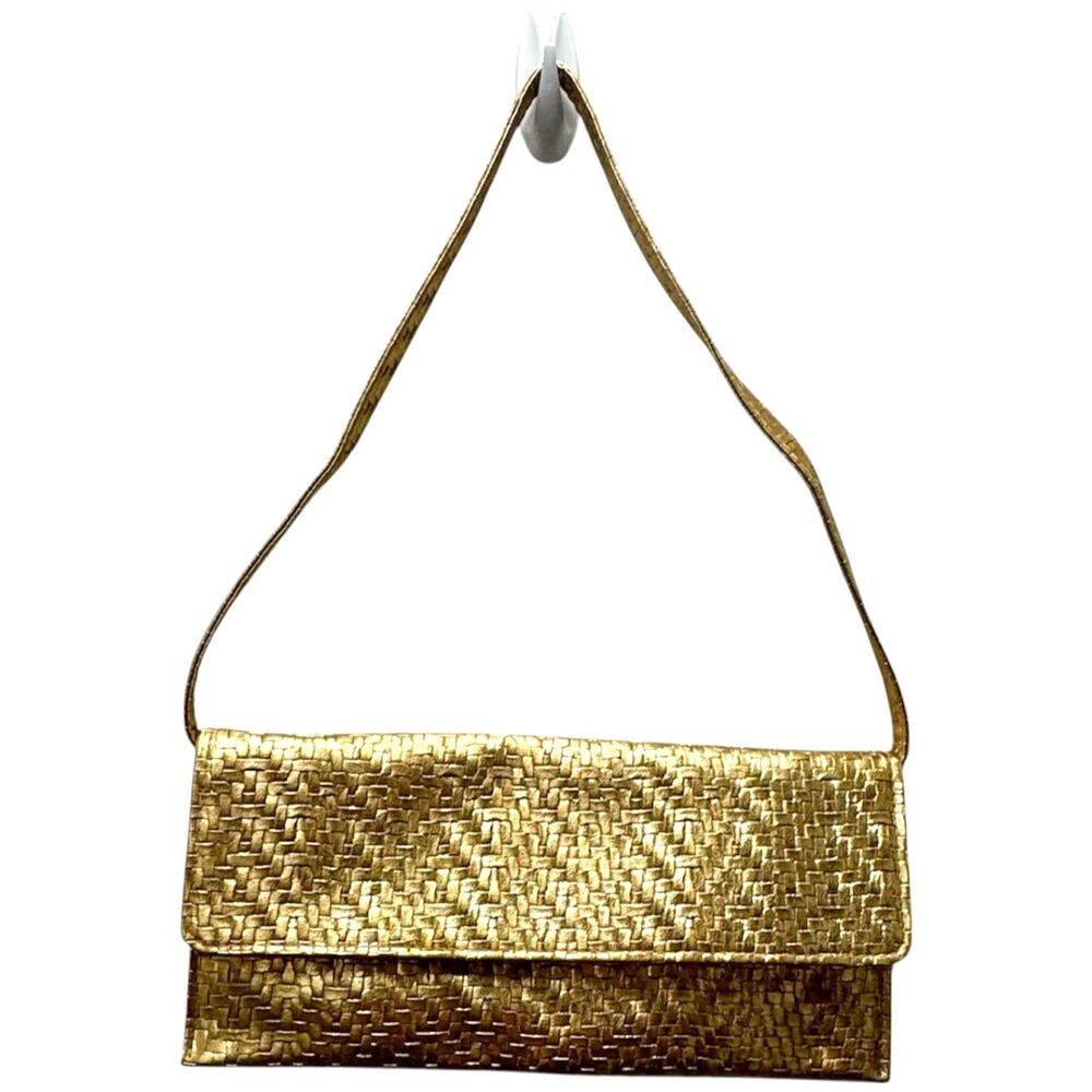 Gold Woven PU Vegan Leather Metallic Lined Convertible Clutch Removable Strap